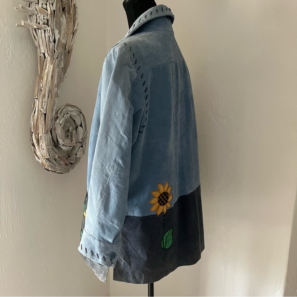 Suede Leather Barn Jacket L Blue Sunflowers Whipstitch Fall Boho Chore Quacker - Picture 5 of 16